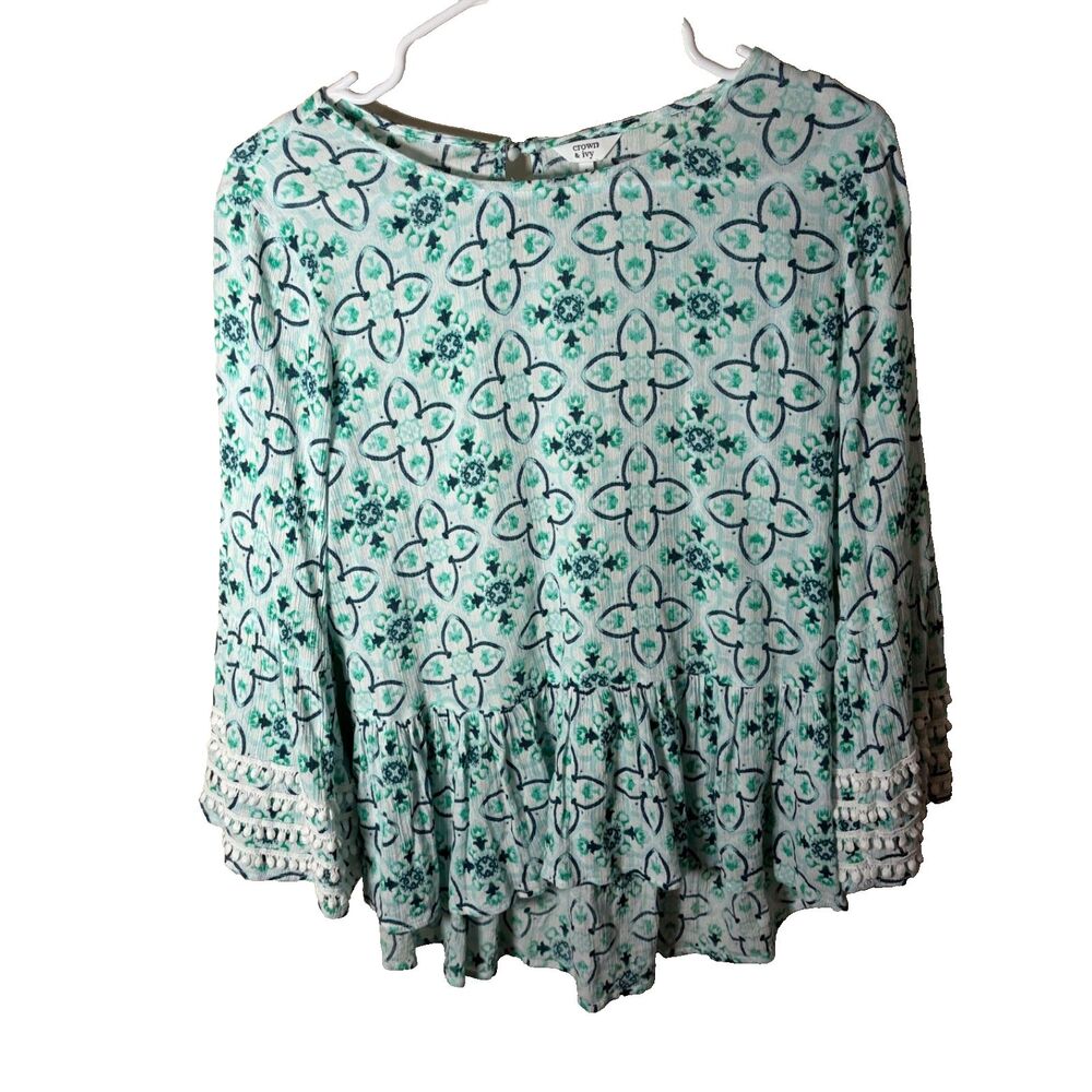 Crown & Ivy Blouse Women's Small Round Neck Printed 3/4 Sleeve Colorful Top